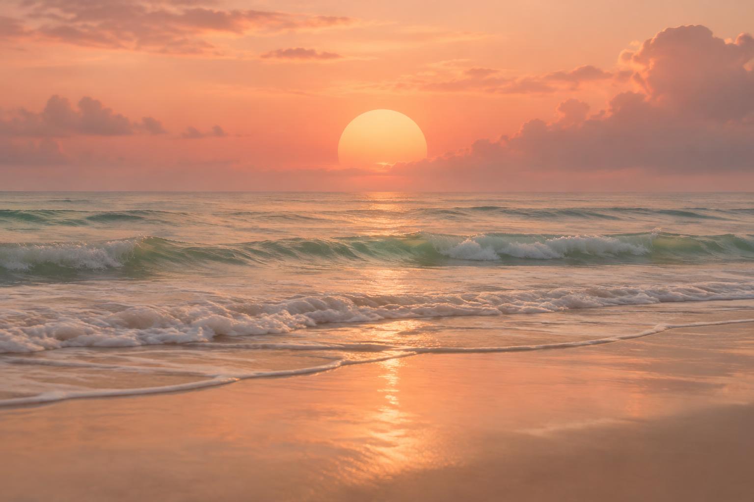 Atardecer en la playa con sol redondo y luz suave en tonos rosa, verde pastel y tierra